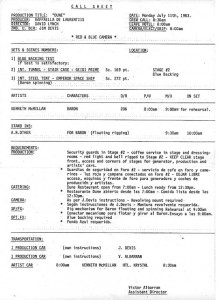 Second unit call sheet, July 11, 1983