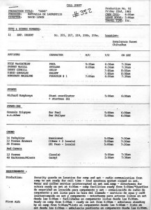 First unit call sheet, July 22, 1983