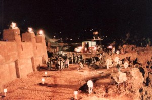 Extras prepare to run an obstacle course through explosions outside the Arrakeen Wall during the shooting of David Lynch's Dune (1984)