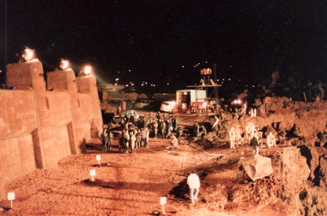 Extras prepare to run an obstacle course through explosions outside the Arrakeen Wall during the shooting of David Lynch's Dune (1984) - Photo by Kenneth George Godwin
