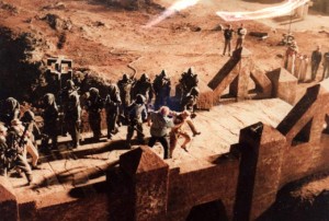 Paul Smith (Rabban) takes a practice throw off the bridge at Arrakeen in David Lynch's Dune (1984)