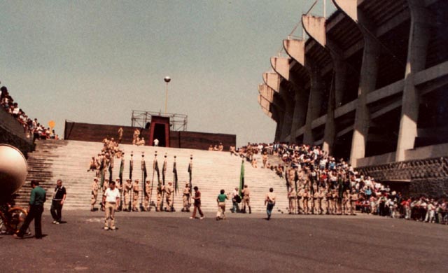 The live action background at Azteca Stadium to be shot through the foreground miniature during the making of David Lynch's Dune (1984) - Photo by Kenneth George Godwin