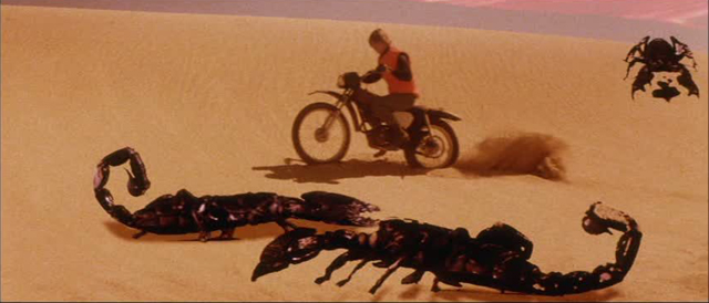 Jan Micheal Vincent heroically facing badly matted giant scorpions in Jack Smight's Damnation Alley