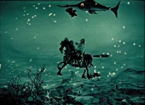 Baron Prasil's adventures take him from the moon to the depths of the sea in Karel Zeman's version of Munchausen (1962)