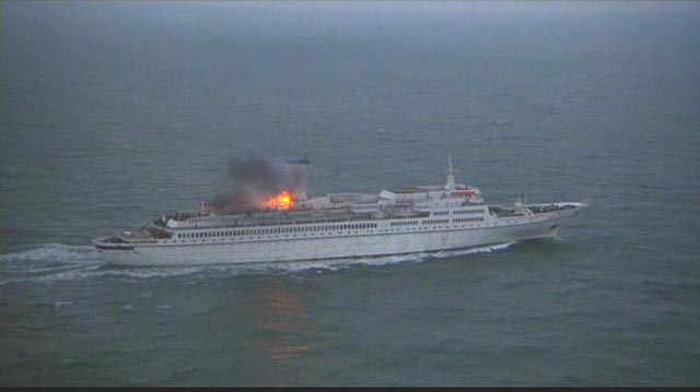 The warning explosion on the liner Britannic in Richard Lester's Juggernaut (1974)