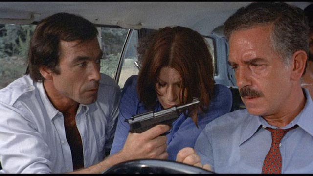 Gang leader Dottore (Maurice Poli), hostage Maria (Lea Lander) and hi-jacked driver Riccardo (Riccardo Cucciolla) in Mario Bava's Rabid Dogs (1974)