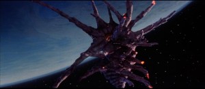 The Black Lectroid spaceship hovering over Earth in W.D. Richter's The Adventures of Buckaroo Banzai Across the 8th Dimension (1984)