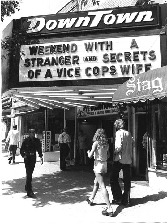 The marquee of the Downtown on Portage Avenue, one of the sleazier theatres in Winnipeg