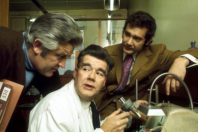 John Paul, Joby Blanshard and Simon Oates as dedicated scientists exposing environmental dangers in the BBC television series Doomwatch (1970-72)