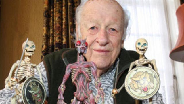 Stop-motion master Ray Harryhausen with some of his creations