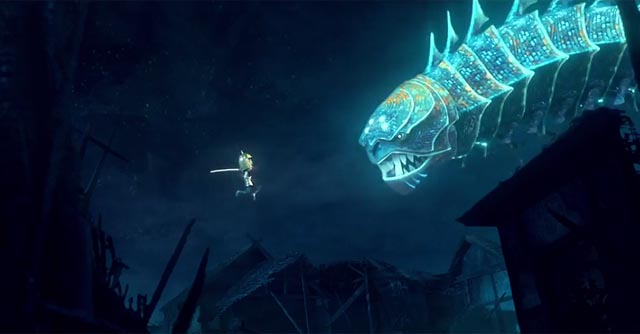 Kubo fights the Moon King (Ralph Fiennes) in the form of a dragon in Travis Knight's Kubo and the Two Strings (2016)