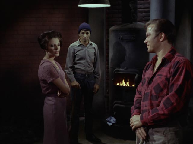 Kirk and Spock meet Edith Keeler (Joan Collins) in the mission basement in 1930 in The City on the Edge of Forever, Star Trek season one