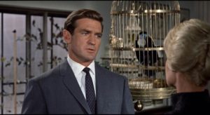 Rod Taylor and Tippi Hedren "meet cute" in the opening scene of Alfred Hitchcock's The Birds (1963)