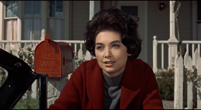 Suzanne Pleshette as Bodega Bay teacher Annie in Alfred Hitchcock's The Birds (1963)