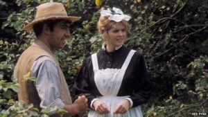 Tom Rouse, the grandfather, courting Charlotte (Lyn Brooks), a maid at the local manor in Peter Hall's film of Ronald Blythe's book Akenfield (1974)