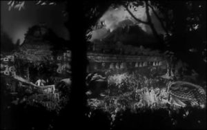 One of Mario Bava's elaborate glass shots, the only live action element the actors visible at centre left in Mario Bava & Riccardo Freda's Caltiki: The Immortal Monster (1959)
