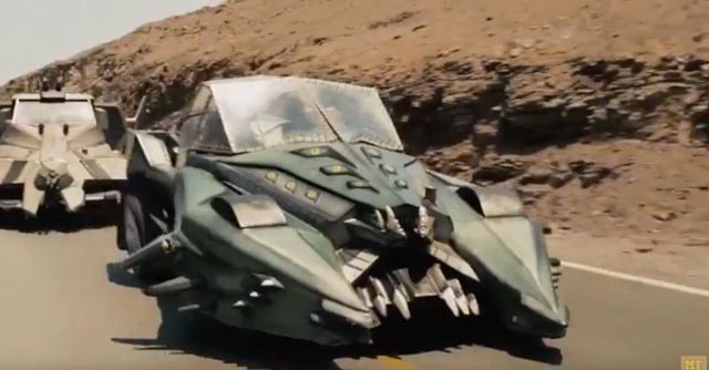 Two of the vehicles in G.J. Echternkamp's retread, Death Race 2050 (2017)