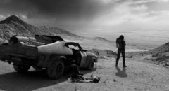 The striking opening image of George Miller's black-and-white Fury Road (2016)