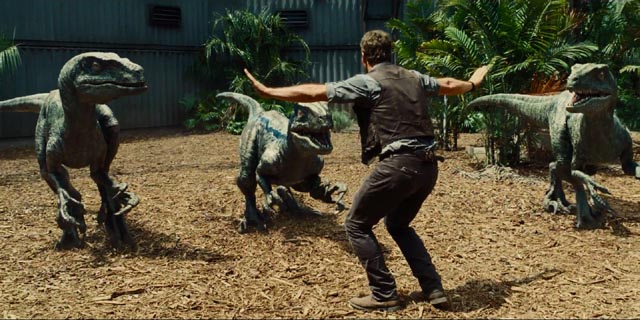 Chris Pratt with his raptor friends in Colin Trevorrow's Jurassic World (2015)