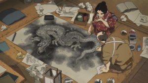 O-Ei watches her father, the famous artist Hokusai, completing a dragon painting in Keiichi Hara's Miss Hokusai (2015)