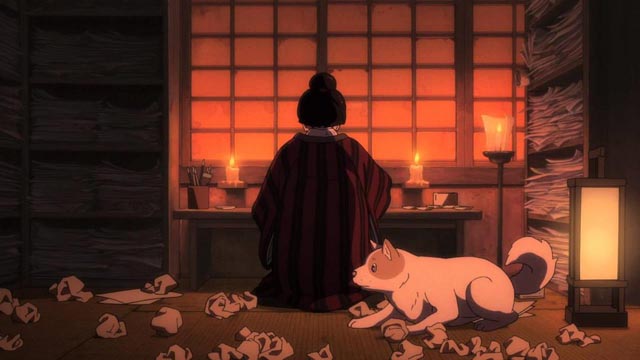 O-Ei at work on her art in Keiichi Hara's Miss Hokusai (2015)
