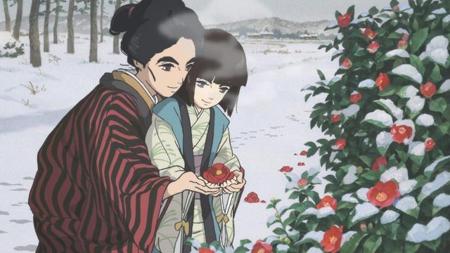 O-Ei introduces her blind sister O-Nao to the tactile sensation of a flower in Keiichi Hara's Miss Hokusai (2015)