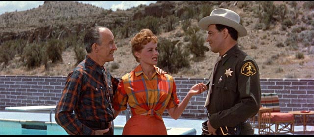 Janice (Virginia Shaw) introduces Deputy Martin (Cornel Wilde) to her father, mine-owner Jim Kendon (Alexander Lockwood) in Don Siegel's Edge of Eternity (1959)