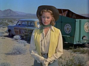 Geraldine (Rhonda Fleming) has some pangs of conscience about committing murder by inaction in Roy Ward Baker's Inferno (1953)