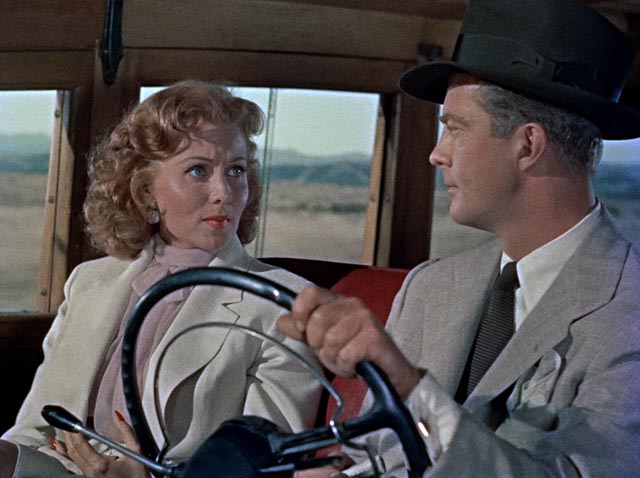 Geraldine (Rhonda Fleming) and Duncan (William Lundigan) return to the desert to make sure Carson (Robert Ryan) is really dead in Roy Ward Baker's Inferno (1953)