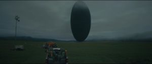 The inscrutable alien spaceship hovers in Denis Villeneuve's Arrival (2016)