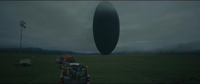 The inscrutable alien spaceship hovers in Denis Villeneuve's Arrival (2016)