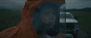 Academic linguist Louise Banks (Amy Adams) gets her first view of the alien craft in Denis Villeneuve's Arrival (2016)