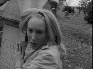 Barbra (Judith O'Dea) never recovers from the shock of her first zombie encounter in George A. Romero's Night of the Living Dead (1968)