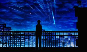 Taki watches the celestial light show in Makoto Shinkai’s Your Name (2016)