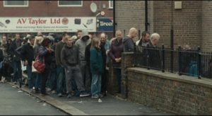 Edging towards starvation, Katie and Daniel seek help from a food bank in I, Daniel Blake (2016)