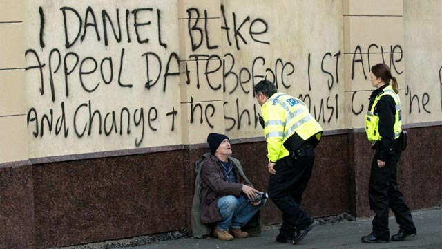 Unemployed, Daniel Blake (Dave Johns) resorts to civil disobedience to assert his rights in Ken Loach's I, Daniel Blake (2016)