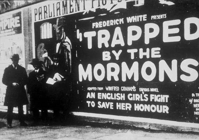 Promotion for Harry B. Parkinson's Trapped By the Mormons (1922) warns of the Mormon threat to an "English girl's honour"