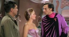 Mr. Zabladowski (Peter Lind Hayes) and Heloise Collins (Mary Healy) confront the musical despot Dr. Terwilliker (Hans Conried) in Dr. Seuss' The 5000 Fingers of Dr. T (1953)