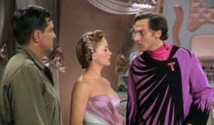 Mr. Zabladowski (Peter Lind Hayes) and Heloise Collins (Mary Healy) confront the musical despot Dr. Terwilliker (Hans Conried) in Dr. Seuss' The 5000 Fingers of Dr. T (1953)