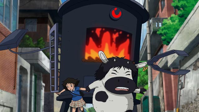 Satellite Girl and Milk Cow flee from the rampaging furnace in Chang Hyung-yun's Satellite Girl and Milk Cow (2014)