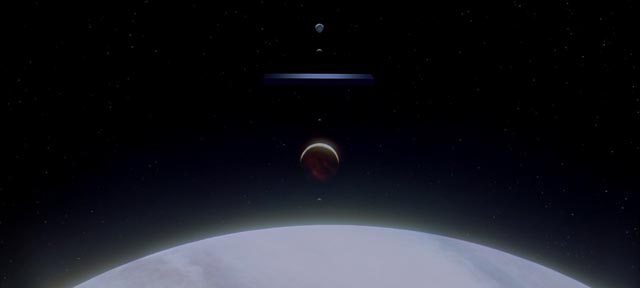 The monolith aligns with Jupiter's moons, preparing to open the Stargate in Stanley Kubrick's 2001: A Space Odyssey (1968)