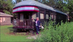 Judge Stemple (Gene Ross)'s eccentric home is an old rail car in S. F. Brownrigg's Don't Open the Door (1974)