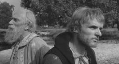 Andrei (Anatoliy Solonitsyn) and Theophanes the Greek (Nikolay Sergeev) ponder the artist's place in the world in Andrei Tarkovsky's Andrei Rublev (1966)