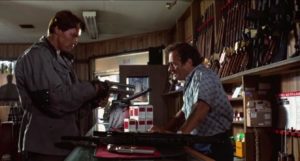 Gun shop owner Miller meets Arnold the killer robot in James Cameron's The Terminator (1984)