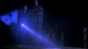 Farmer Hoss (Rex Linn) and his wife (Dee Wallace Stone) see something nasty in the night in Ryan Schifrin's Abominable (2005)