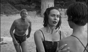 Companion Jean Edwards (Betta St. John) refuses to believe Candy (Mandy Miller)'s accusations against her stepfather (Peter van Eyck) in Guy Green's The Snorkel (1958)