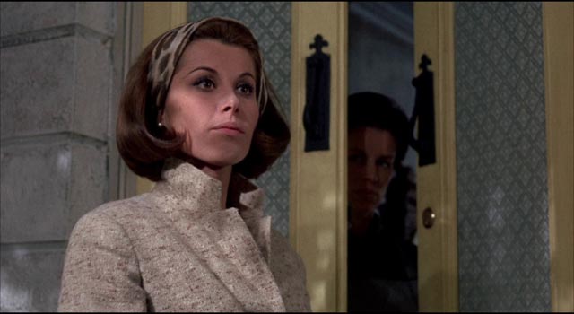 Patricia Carroll (Stephanie Powers) visits the Trefoile house to pay her respects to the matriarch in Silvio Narizzano's Fanatic (1965)