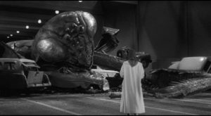 ... and the mantis meets a traditional end amidst the trappings of urban civilization in Nathan Juran's The Deadly Mantis (1957)