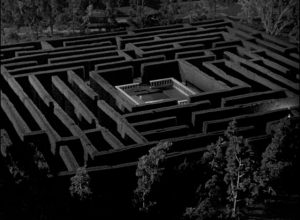 The tabletop miniature labyrinth as seen from the castle windows in William Cameron Menzies' The Maze (1953)