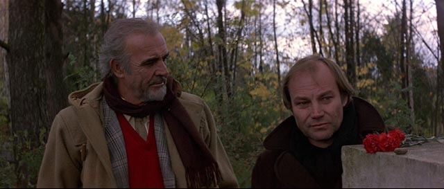 "Barley" (Sean Connery) bonds with "Dante" (Klaus Maria Brandauer) over the grave of Boris Pasternak in Fred Schepisi's The Russia House (1990)